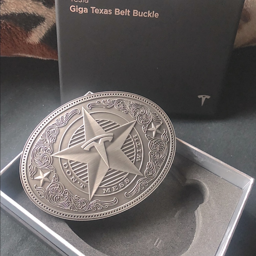 Tesla Texas factory commemorative belt buckle—proof bought with crypto currency